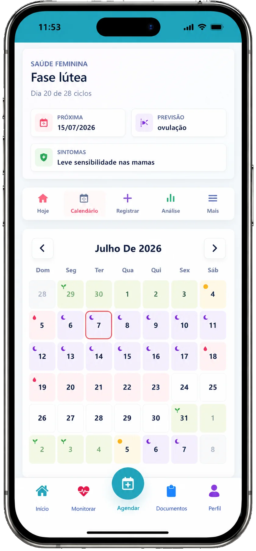 Calendário de saúde feminina no App do Paciente