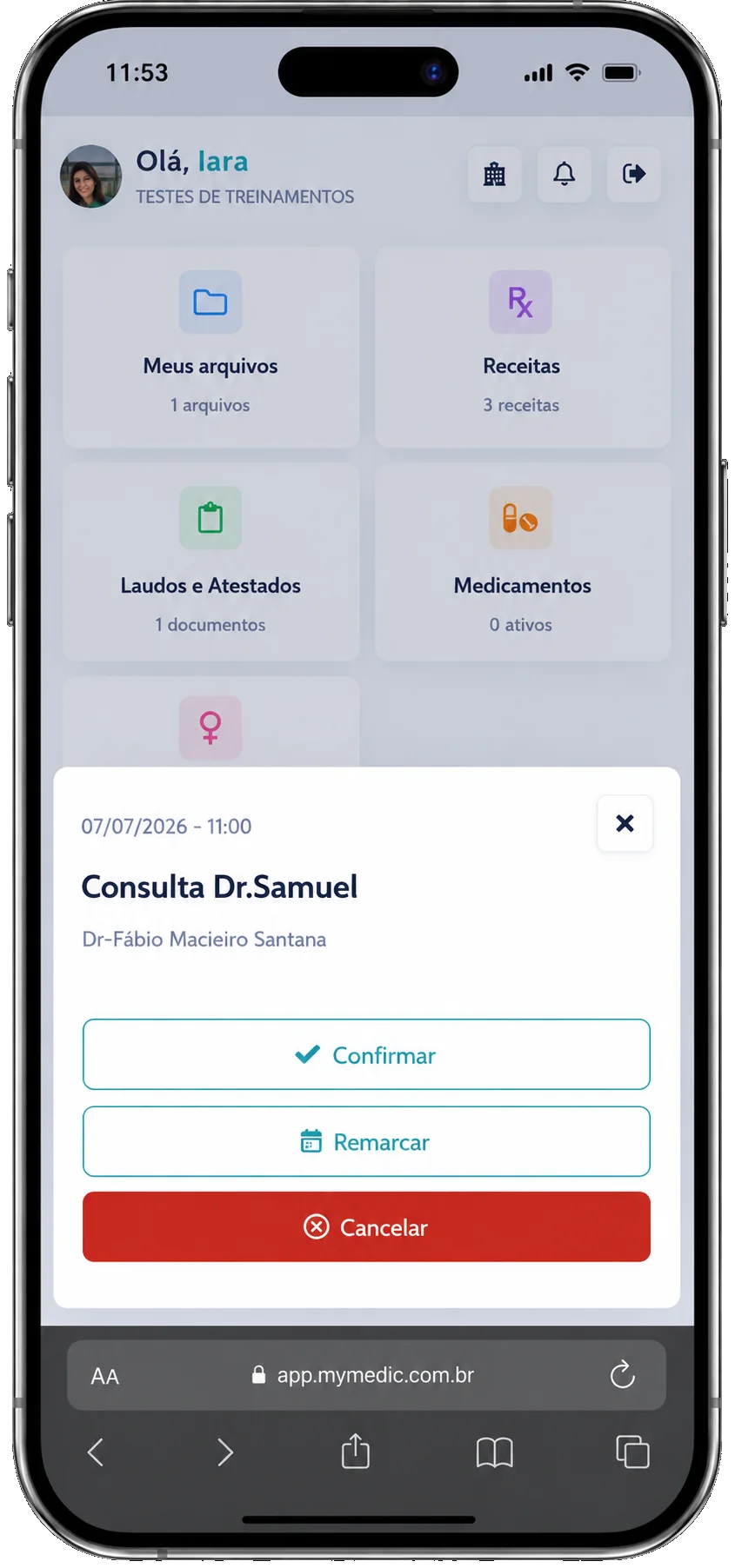 Ações de confirmar, remarcar e cancelar consulta no App do Paciente