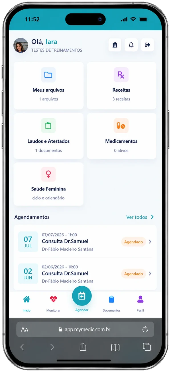 Tela inicial do aplicativo do paciente Mymedic