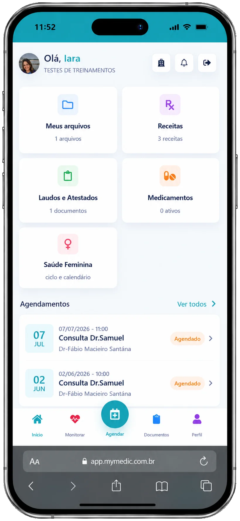 Tela inicial do App do Paciente Mymedic