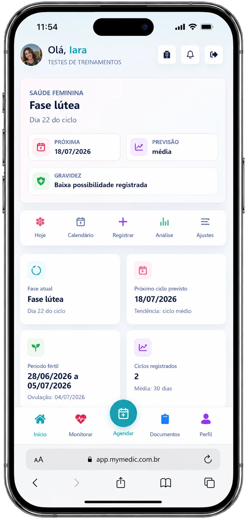 Resumo de saúde feminina no App do Paciente