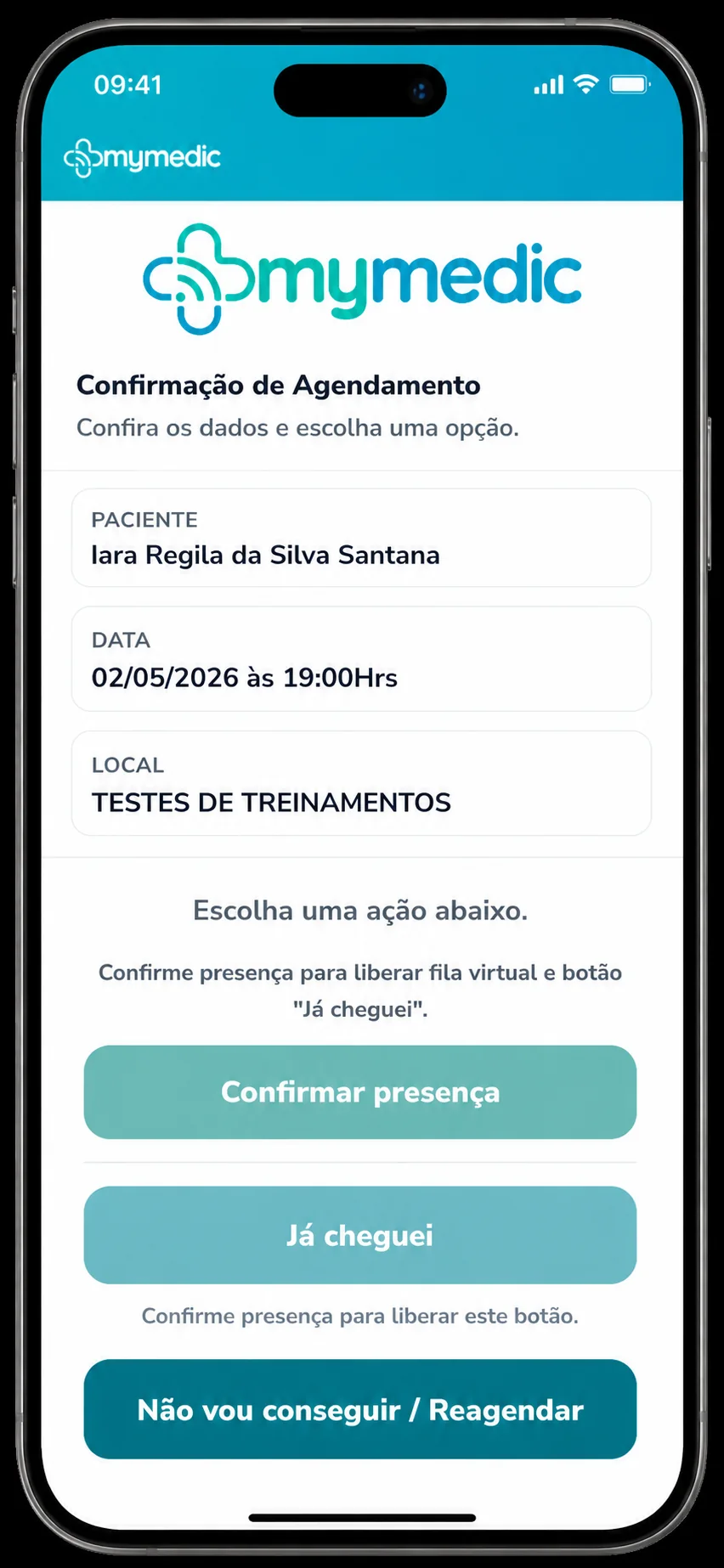 Tela de confirmação de agendamento do Mymedic