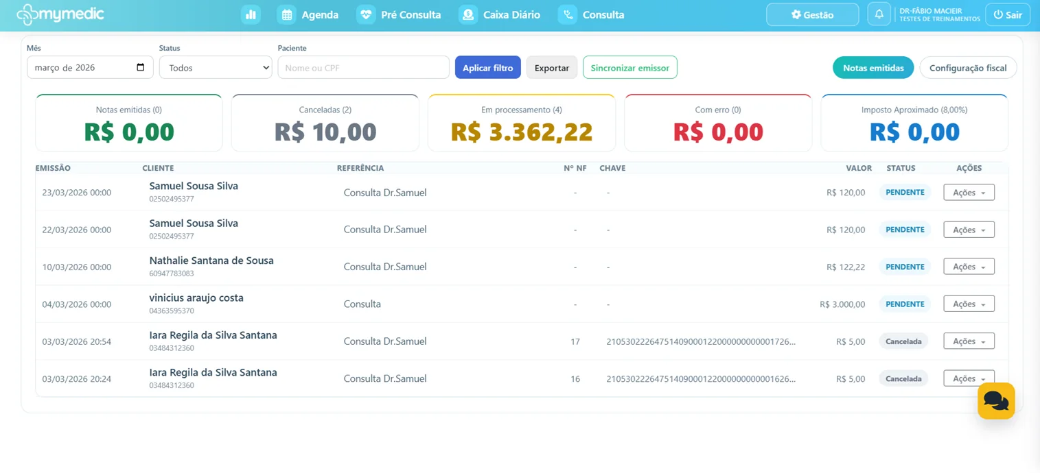 Tela de NFS-e do Mymedic