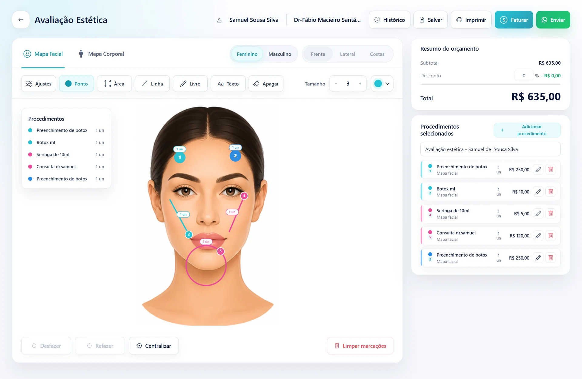 Tela de avaliação estética com mapa facial e orçamento