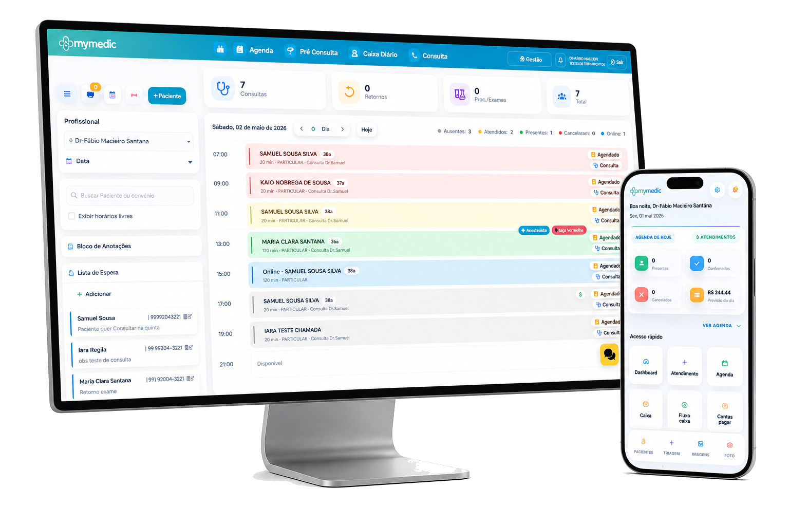 Tela do sistema Mymedic no monitor e no celular, com agenda e prontuário eletrônico