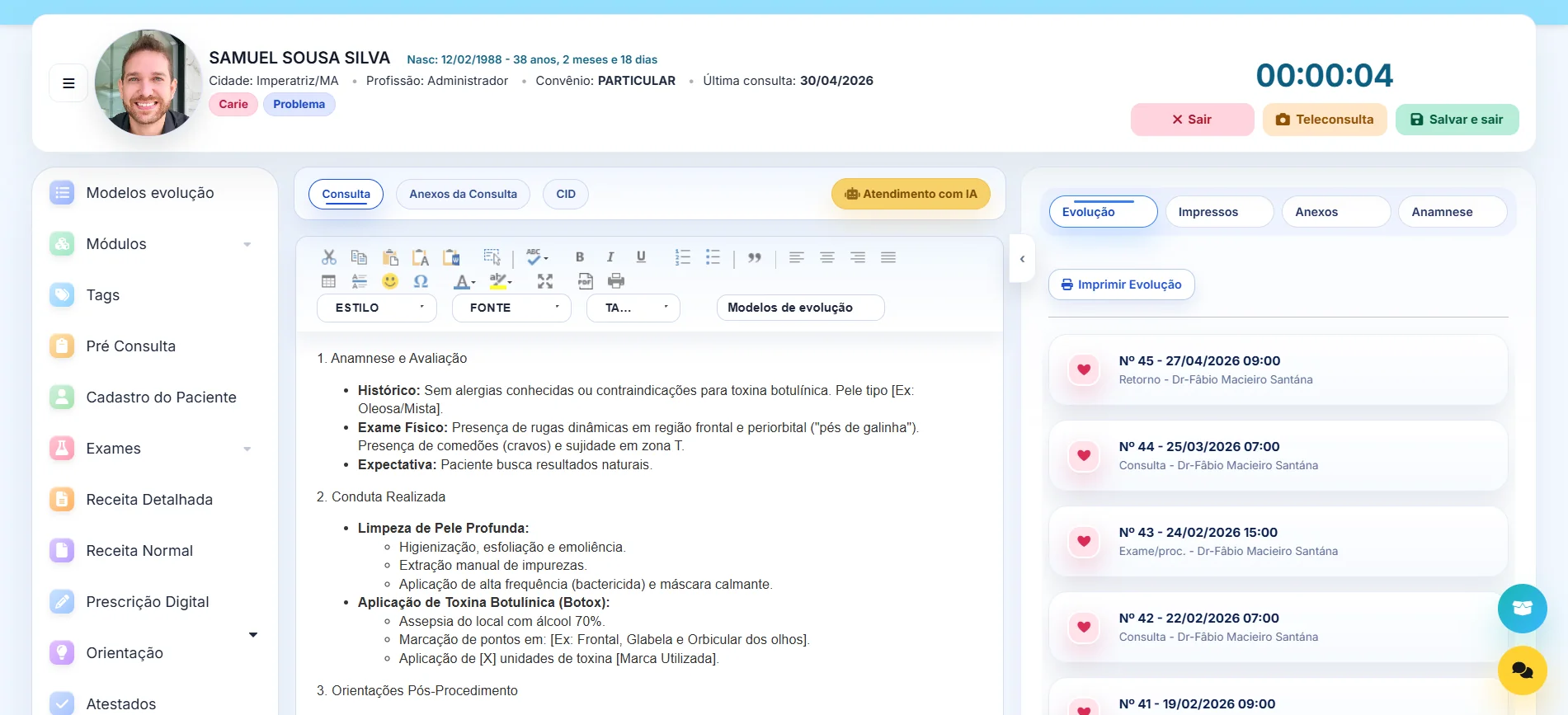 Tela de prontuário do Mymedic
